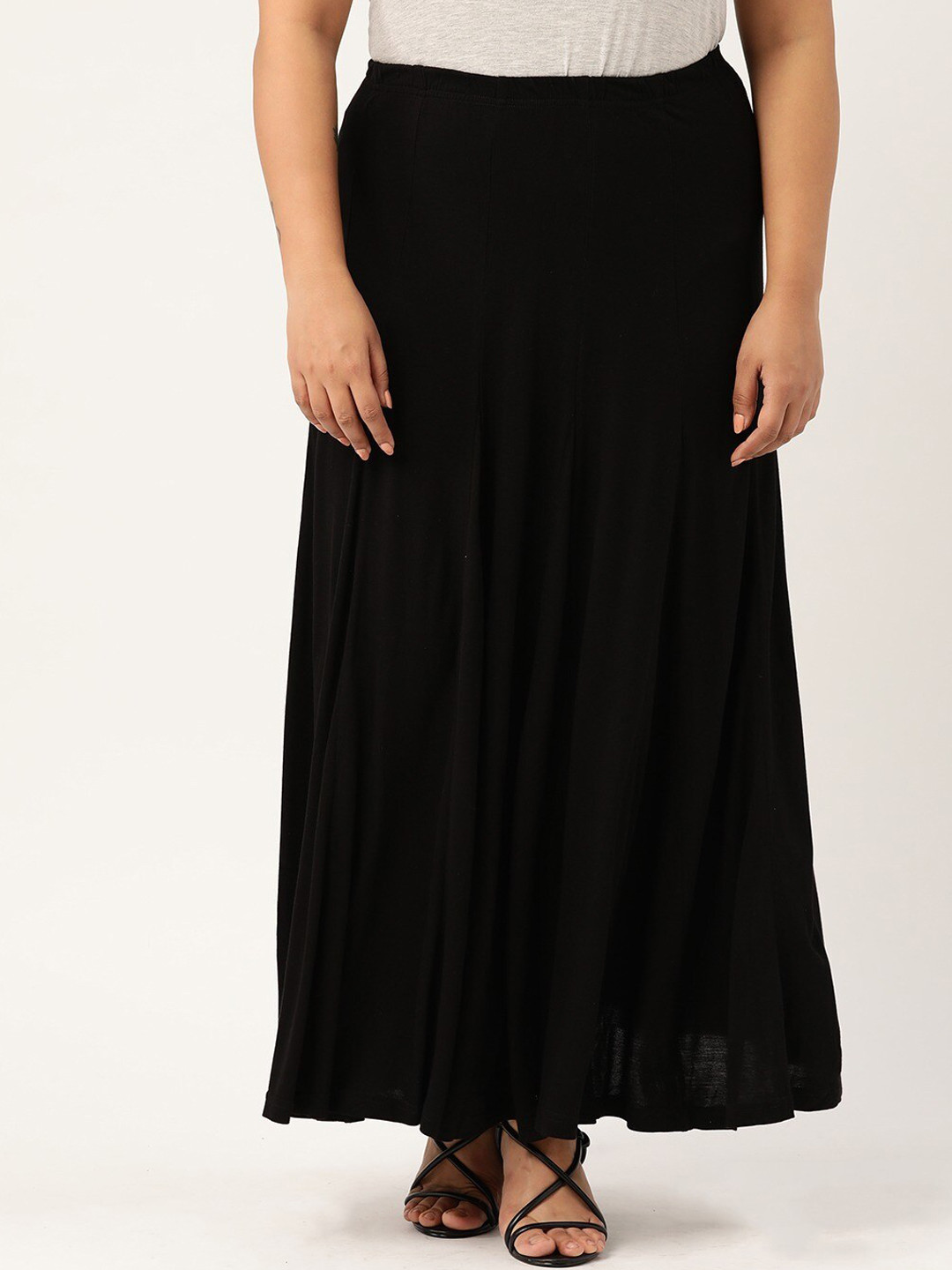

theRebelinme Plus Size Women Black Solid Flared Maxi Skirt