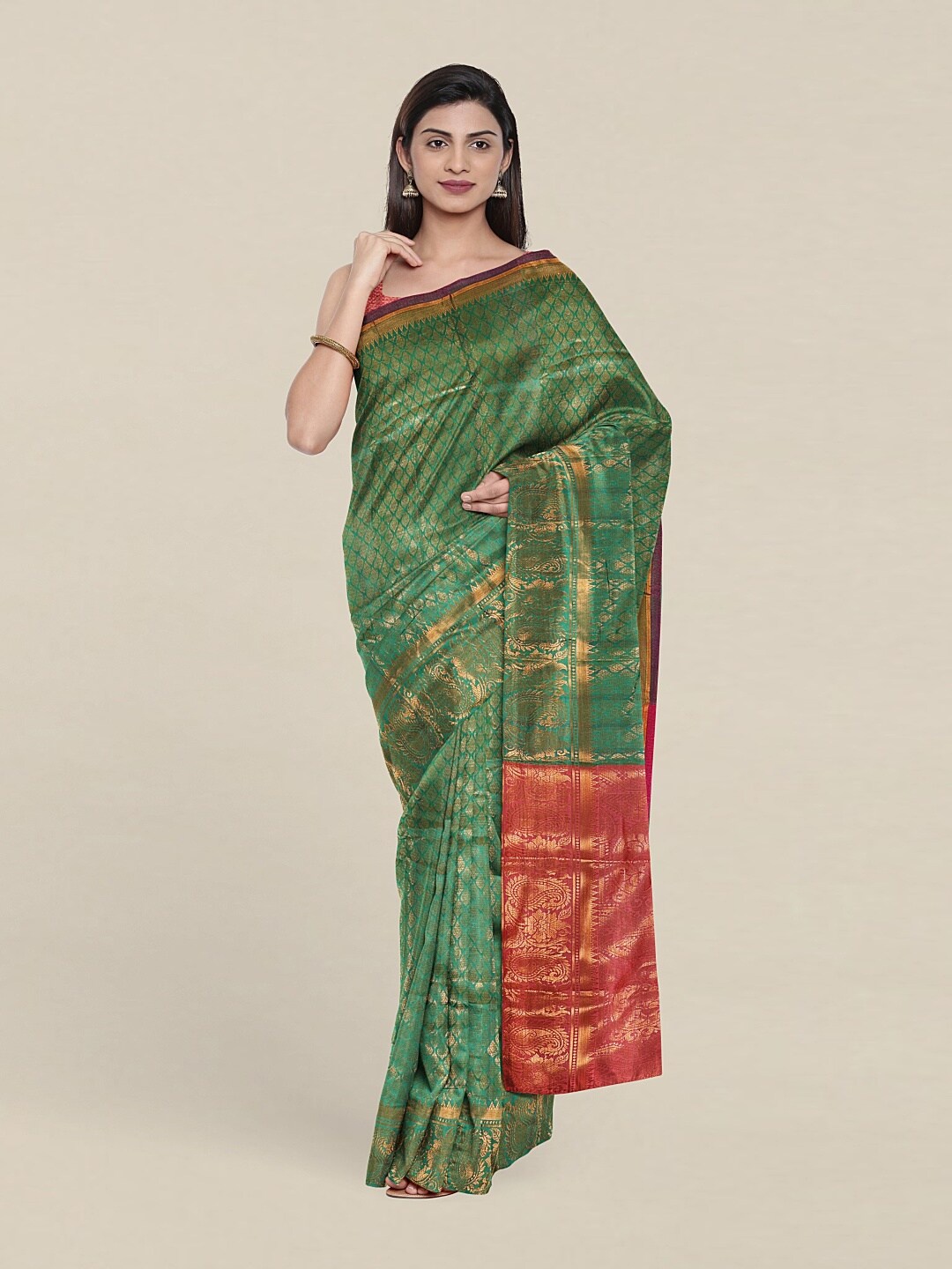 

Pothys Green & Pink Ethnic Motifs Zari Saree