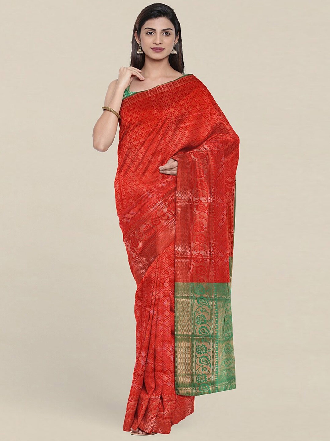 

Pothys Red & Gold-Toned Woven Design Cotton Blend Zari Saree