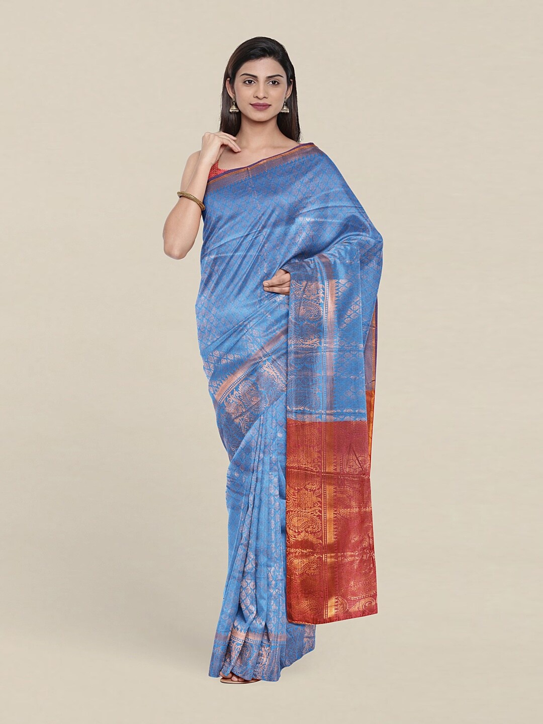 

Pothys Blue & Red Ethnic Motifs Zari Saree