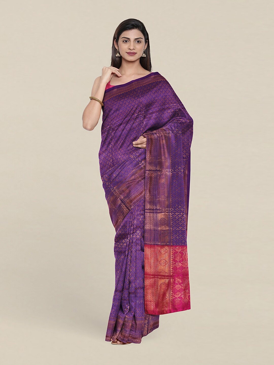 

Pothys Purple & Pink Woven Design Zari Cotton Blend Saree
