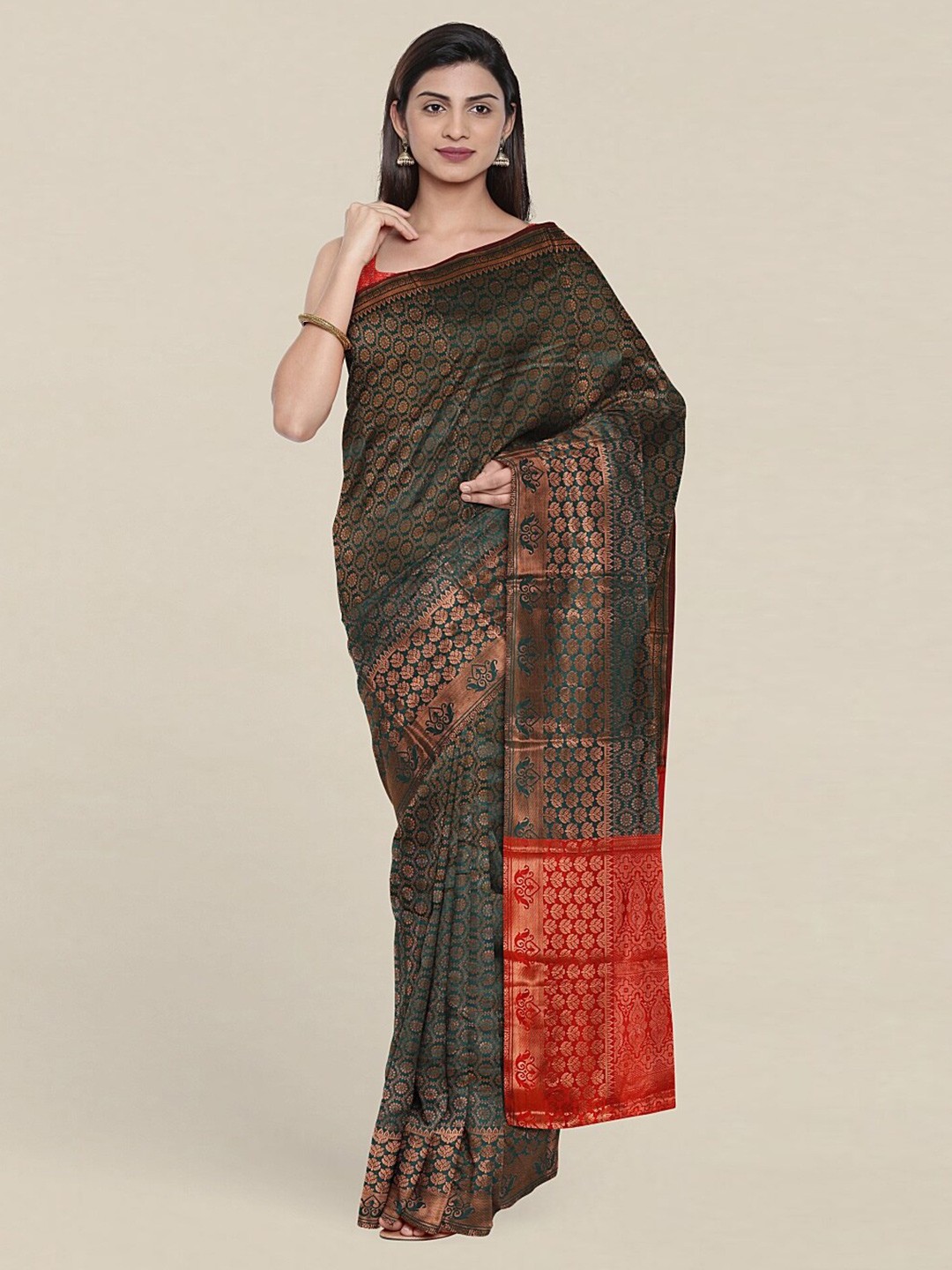 

Pothys Green & Red Ethnic Motifs Zari Saree