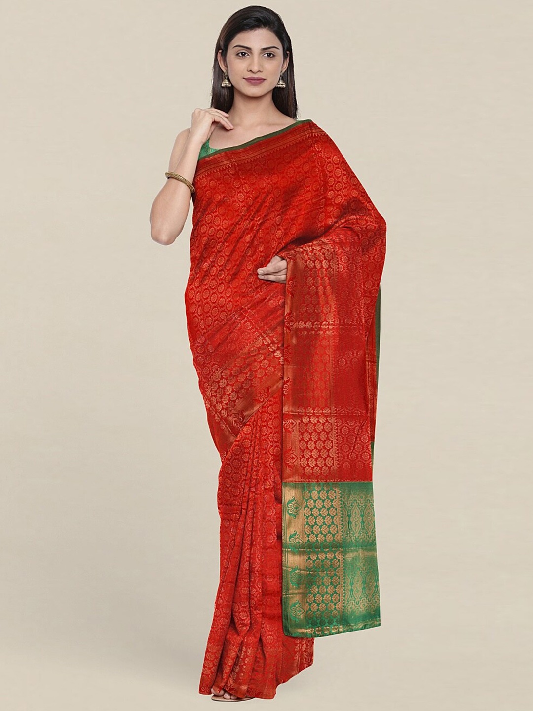 

Pothys Red & Green Floral Zari Saree