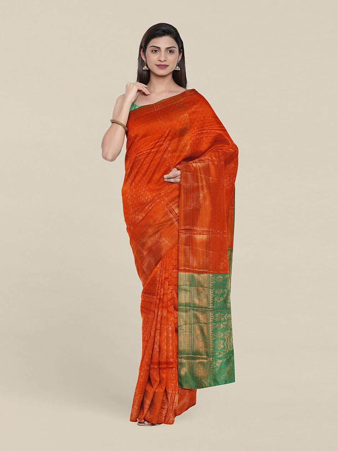 

Pothys Orange & Green Printed Woven Design Zari Saree