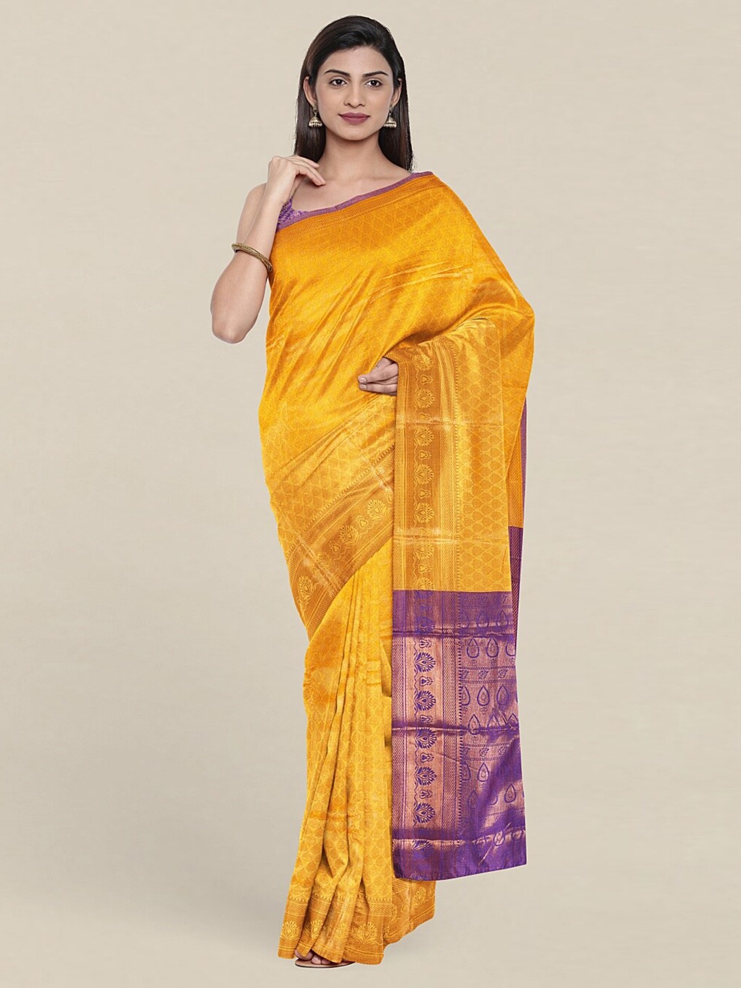 

Pothys Yellow & Purple Woven Design Zari Cotton Blend Saree