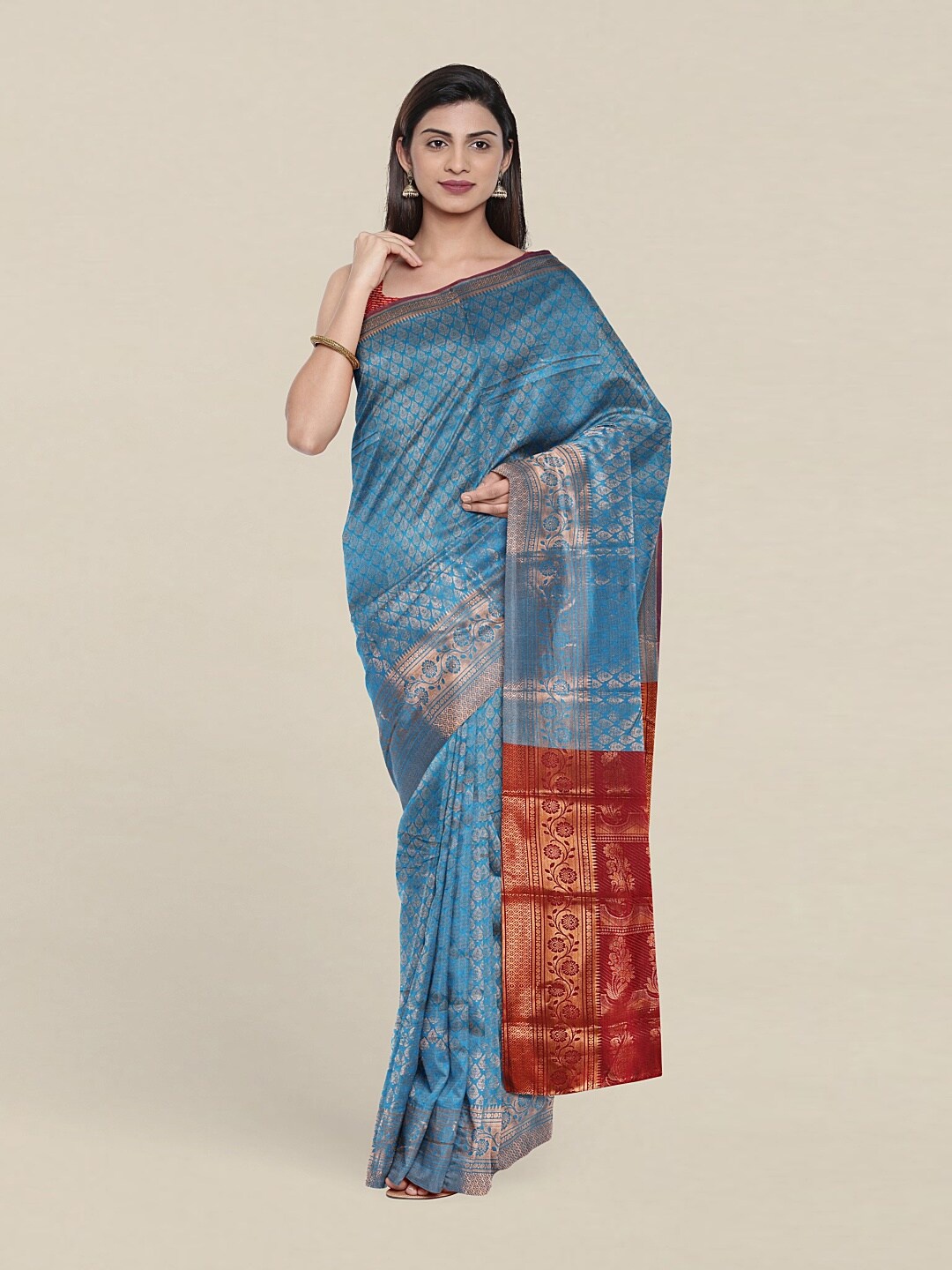 

Pothys Blue & Red Floral Zari Saree