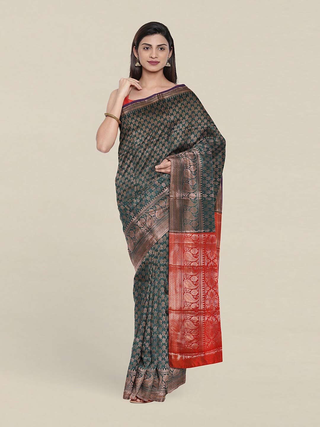 

Pothys Green & Red Paisley Zari Saree