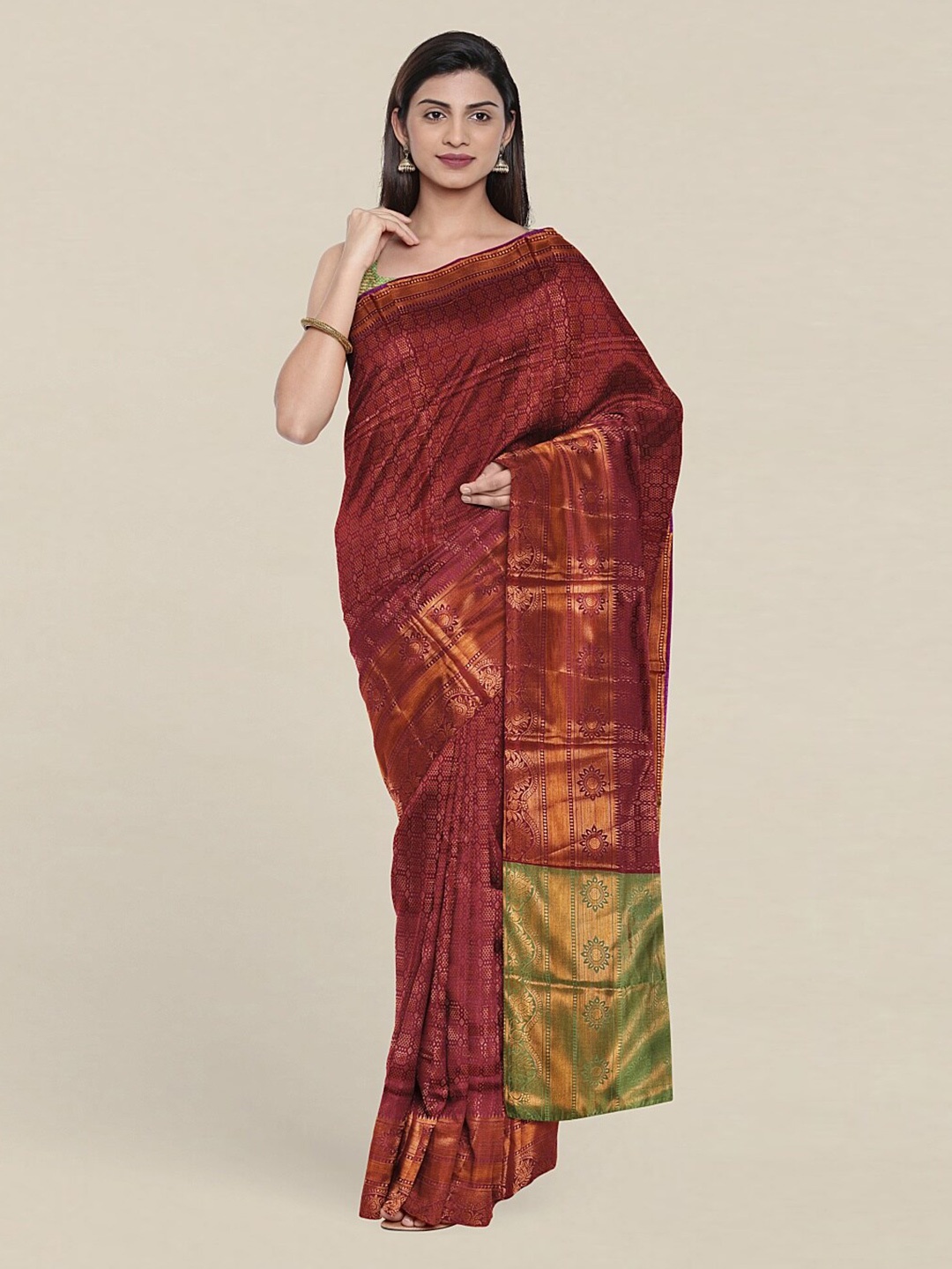 

Pothys Maroon & Green Ethnic Motifs Zari Saree