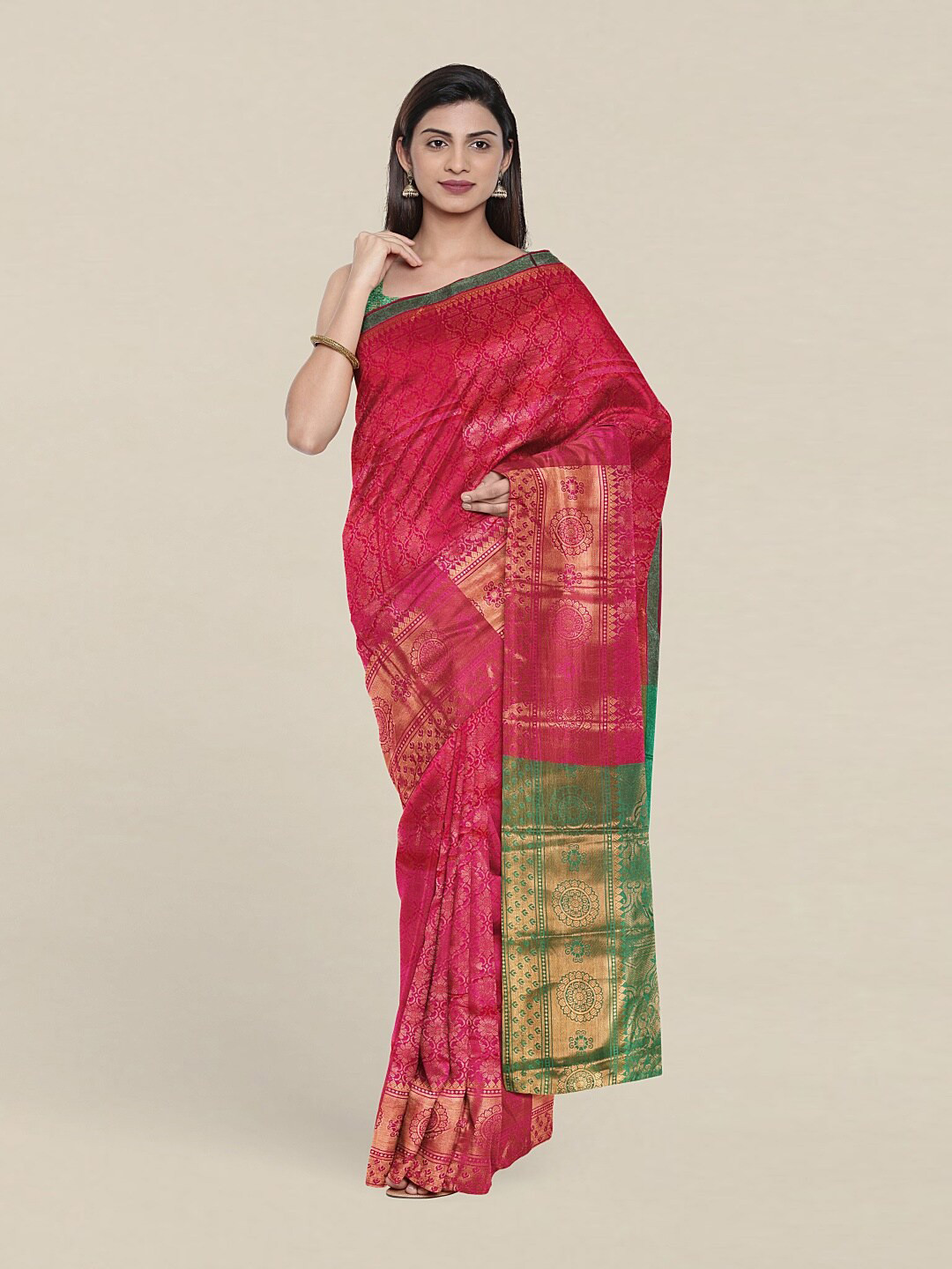 

Pothys Pink & Green Floral Zari Saree