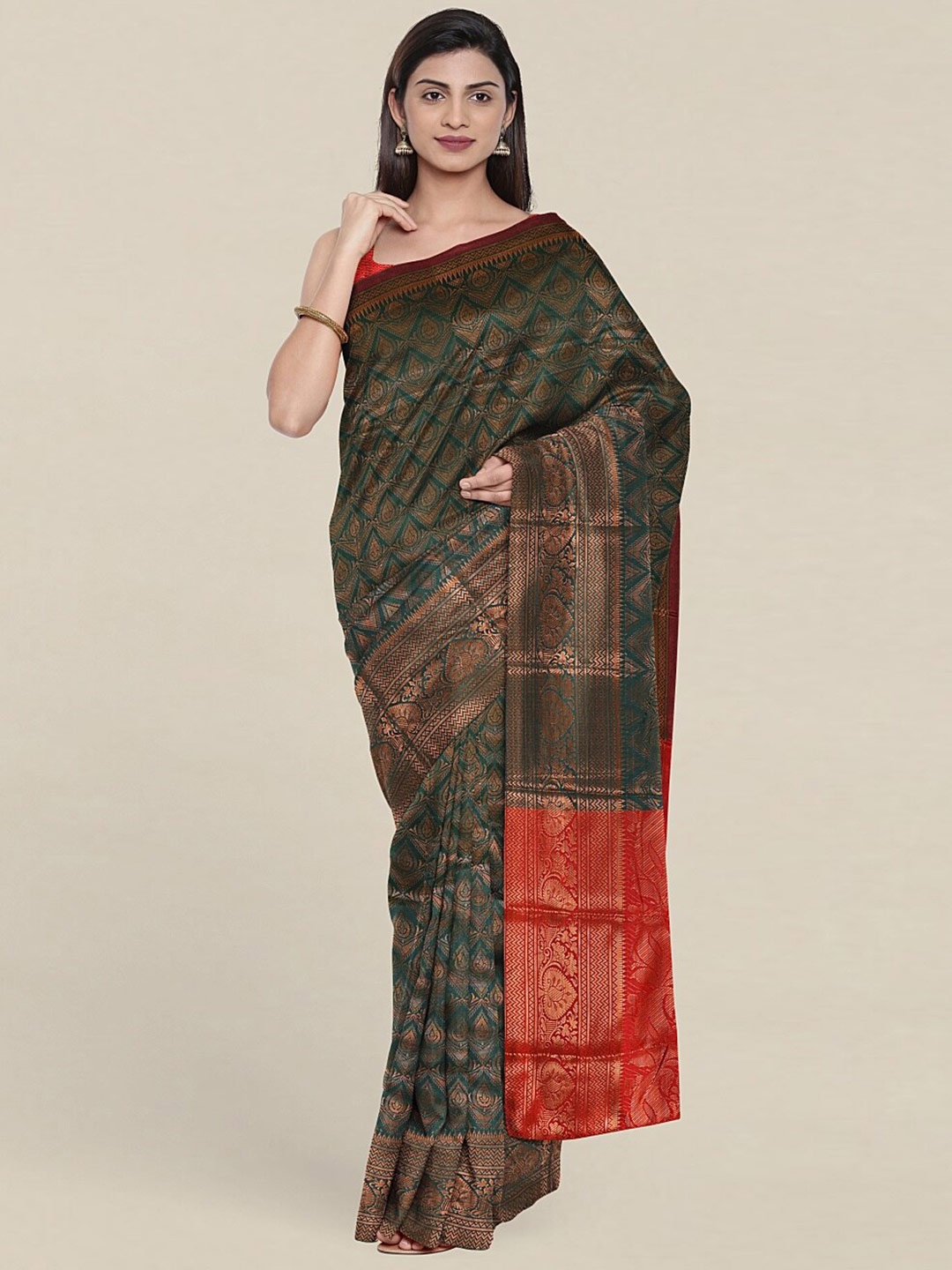 

Pothys Green & Red Ethnic Motifs Zari Saree