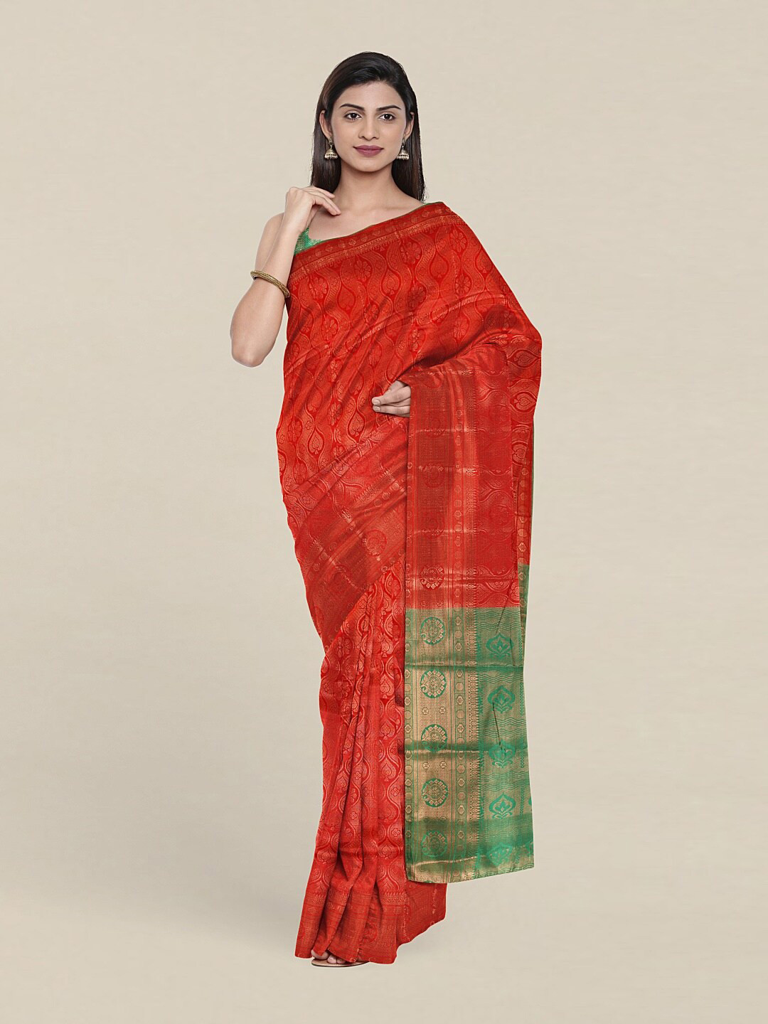 

Pothys Red & Green Floral Zari Saree