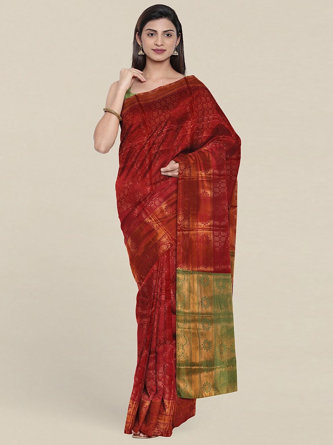 

Pothys Maroon & Green Ethnic Motifs Zari Saree