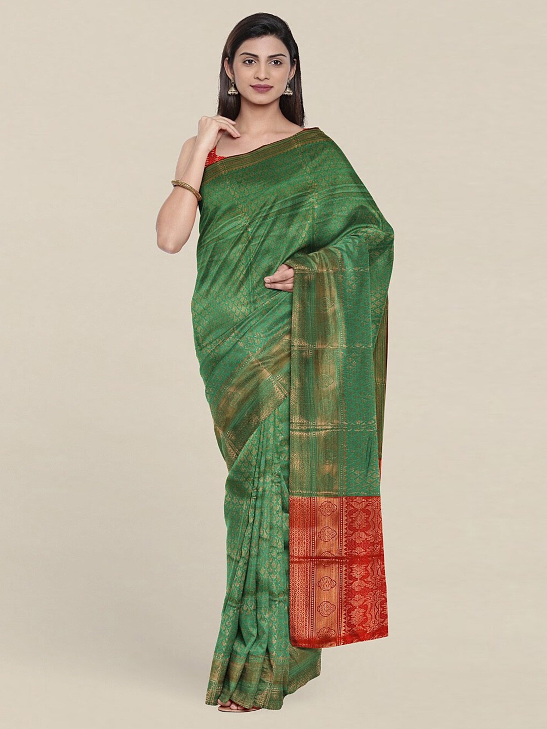 

Pothys Green & Red Ethnic Motifs Zari Saree