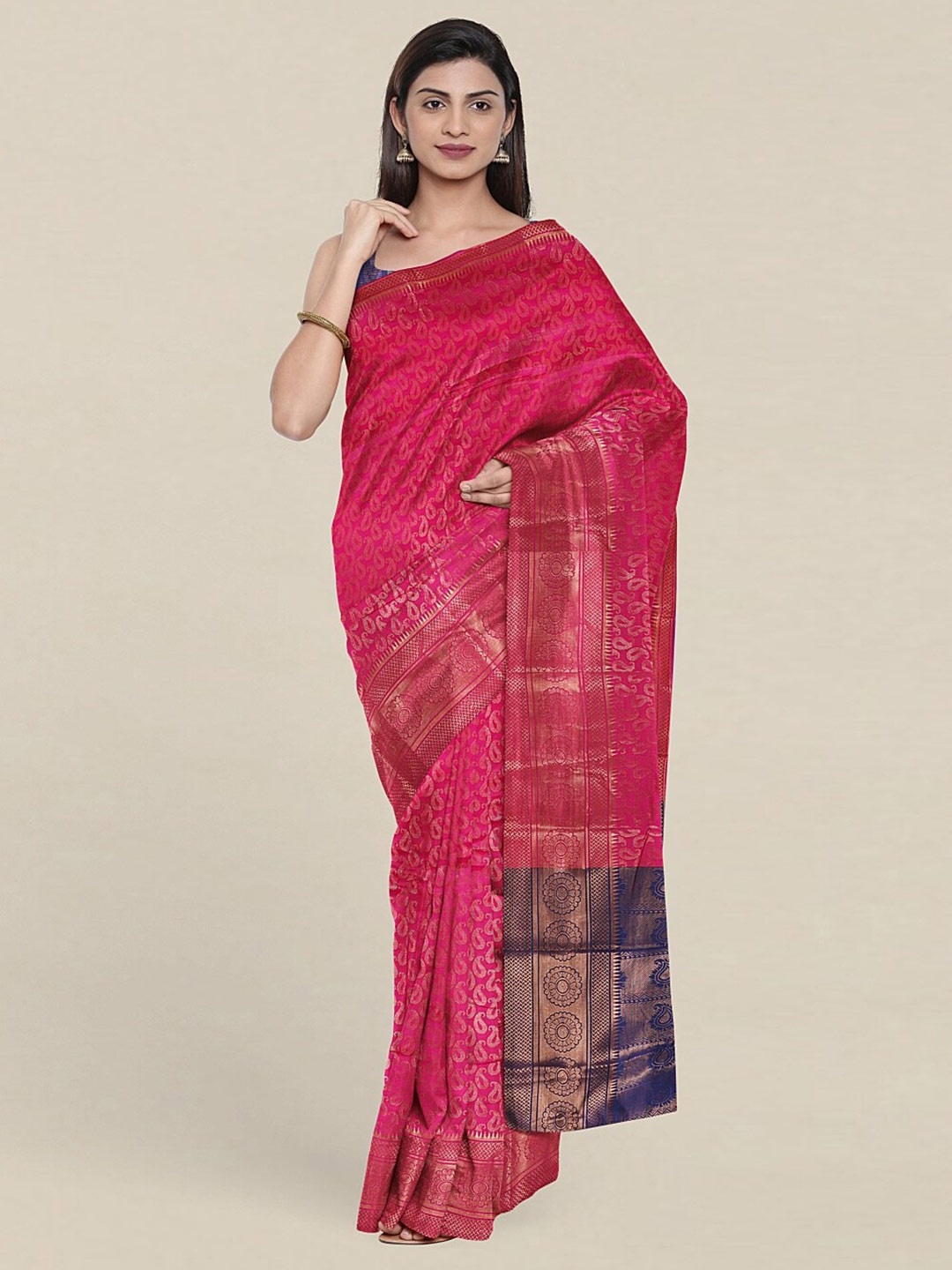 

Pothys Pink & Navy Blue Ethnic Motifs Zari Saree