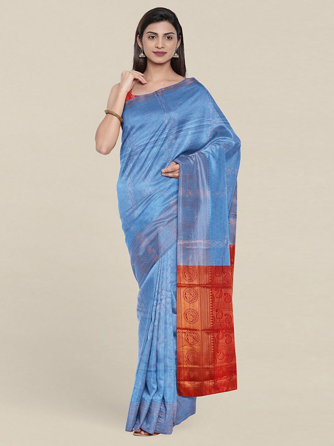 

Pothys Blue & Red Ethnic Motifs Zari Saree