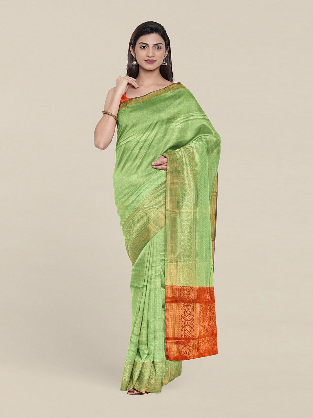 

Pothys Green & Red Ethnic Motifs Zari Saree
