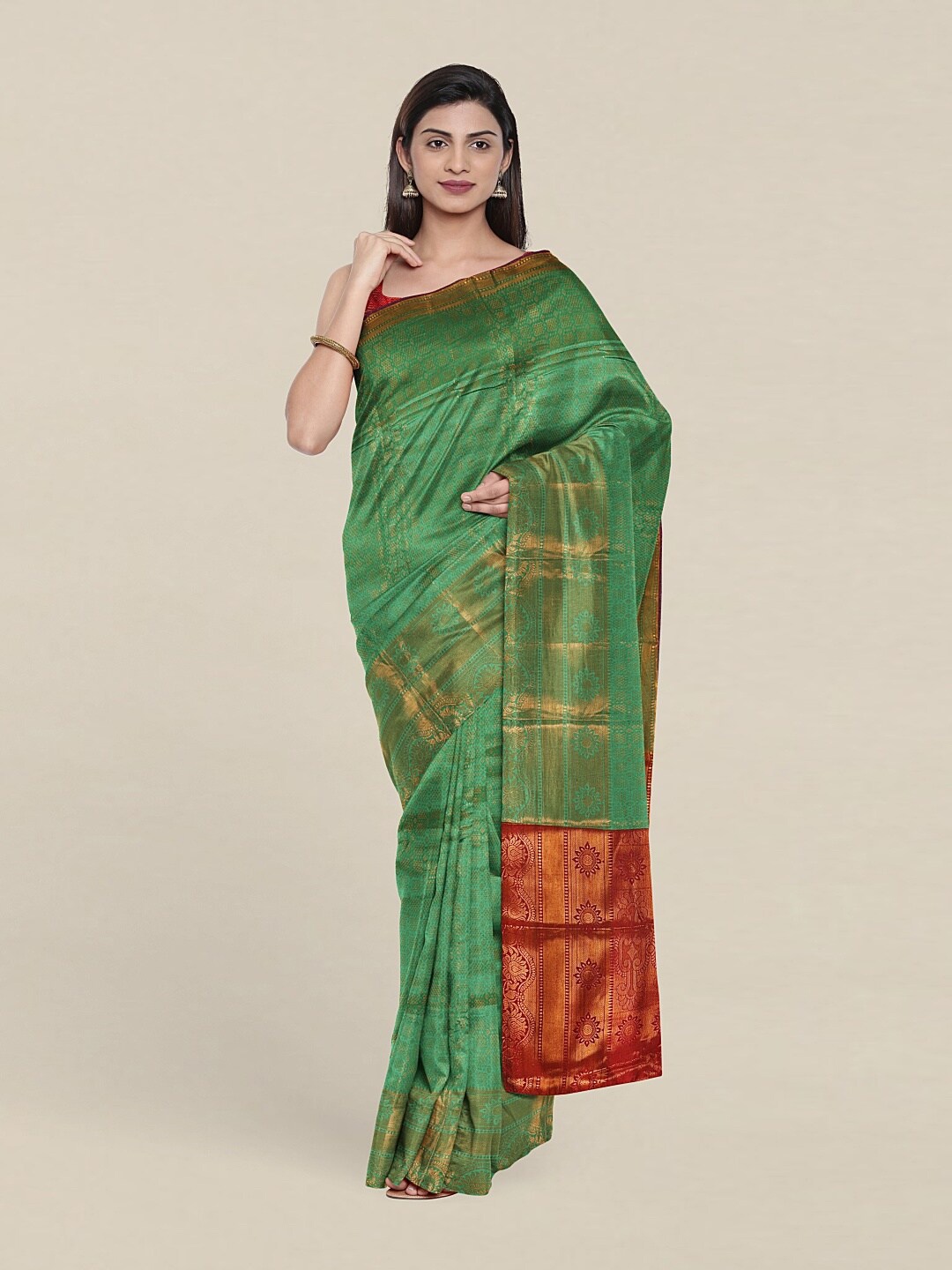 

Pothys Green & Red Woven Design Cotton Blend Zari Saree