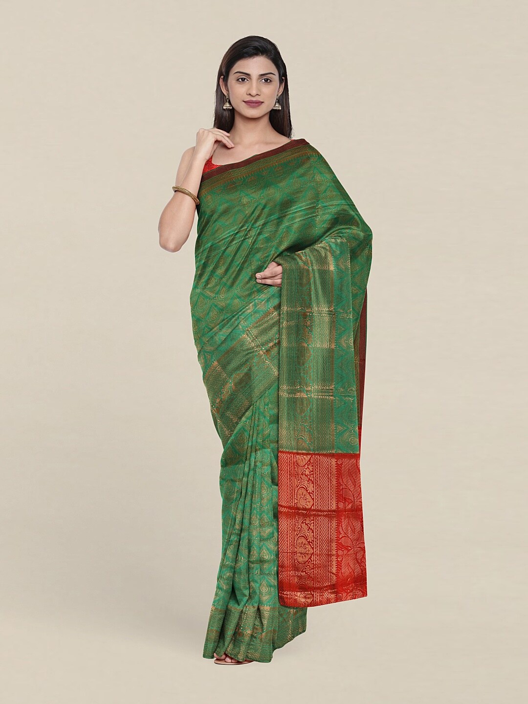

Pothys Green & Red Woven Design Cotton Blend Zari Saree