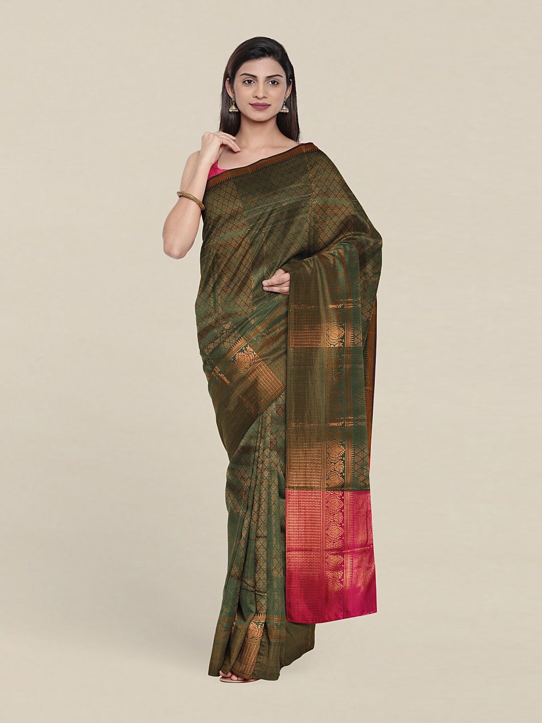 

Pothys Green & Red Ethnic Motifs Zari Saree