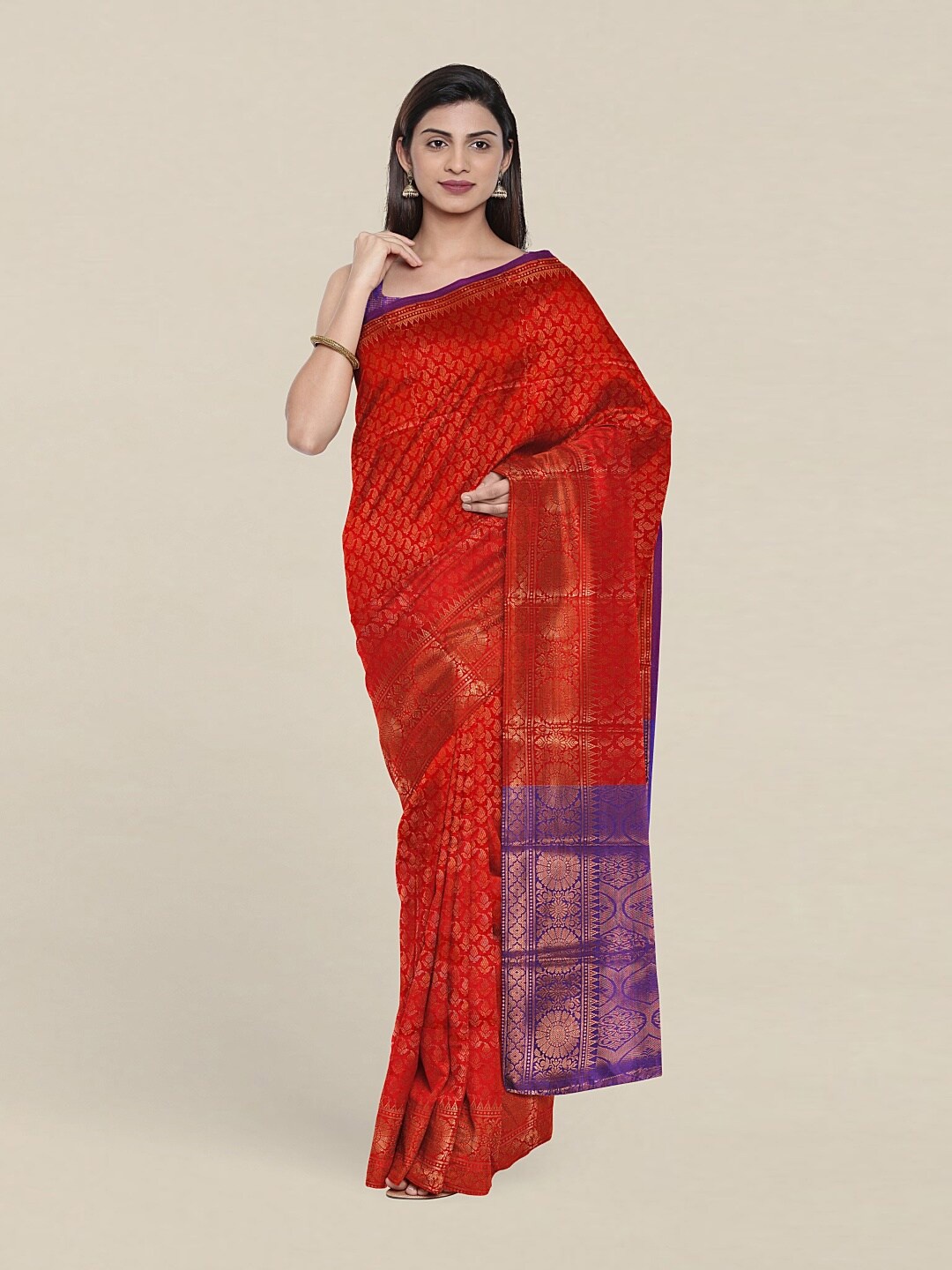 

Pothys Red & Purple Ethnic Motifs Zari Saree