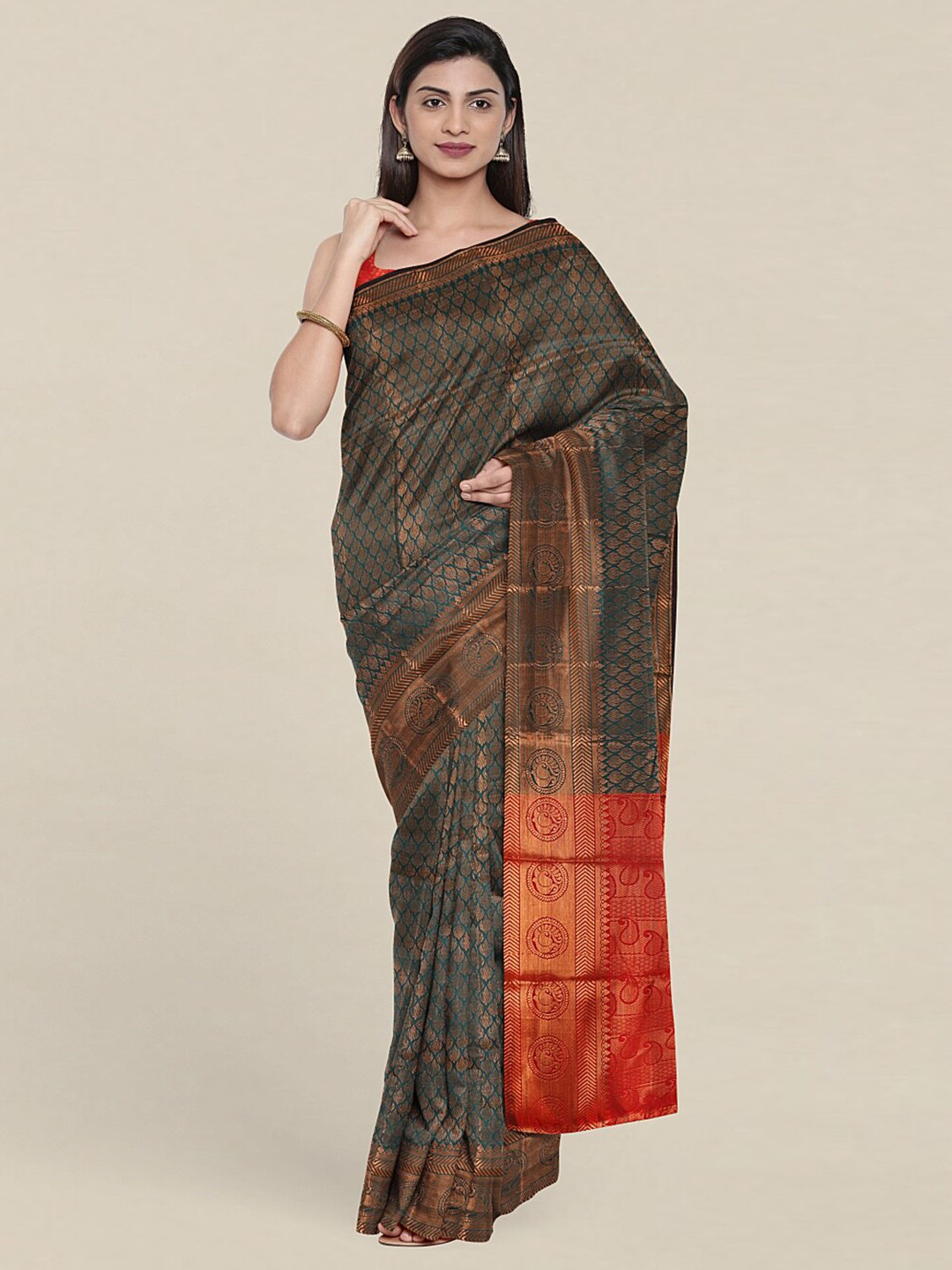 

Pothys Green & Red Ethnic Motifs Zari Saree