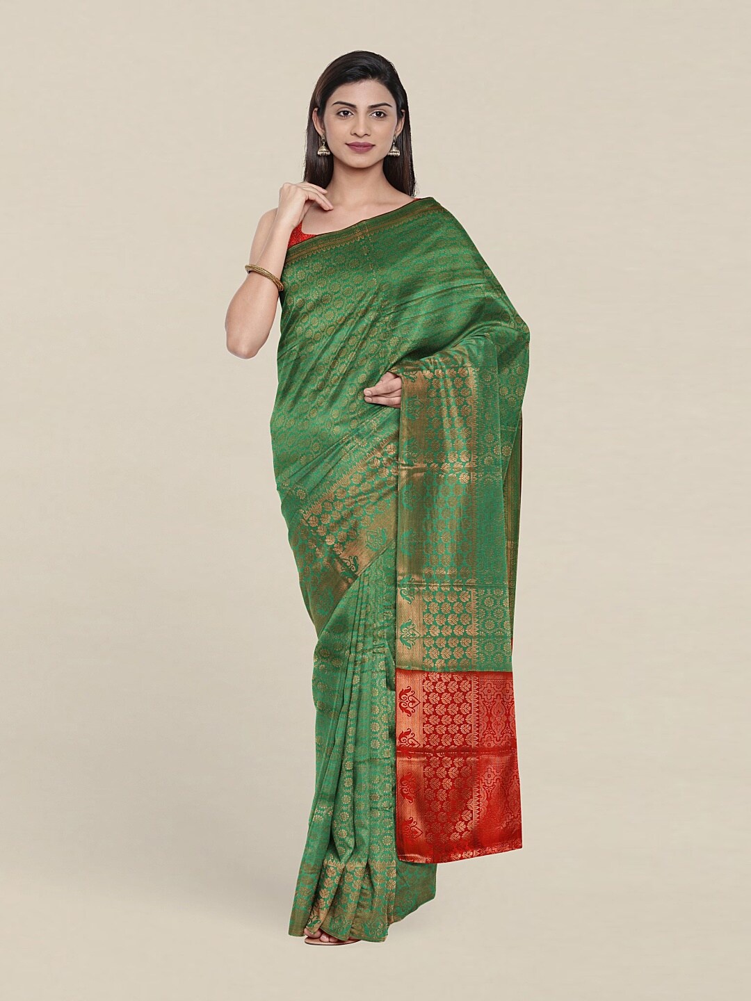 

Pothys Green & Red Woven Design Zari Cotton Blend Saree With Unstitched Blouse Piece