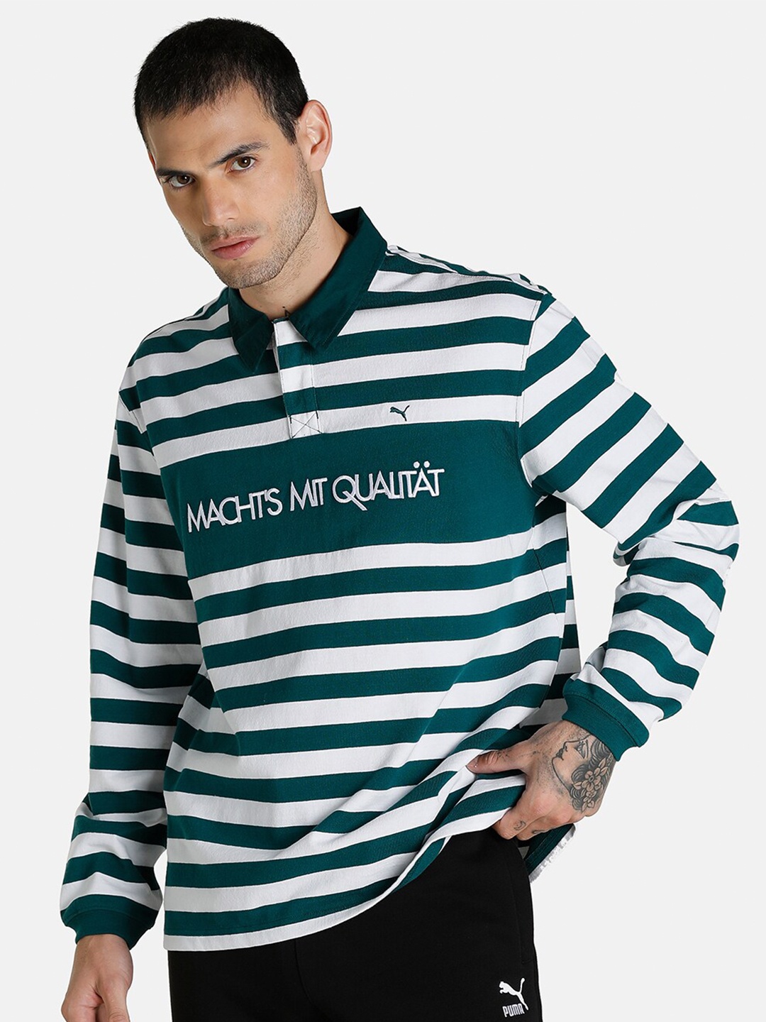 

Puma Unisex Green & White Striped MMQ Sail To Bay Long Sleeve Polo T-shirt