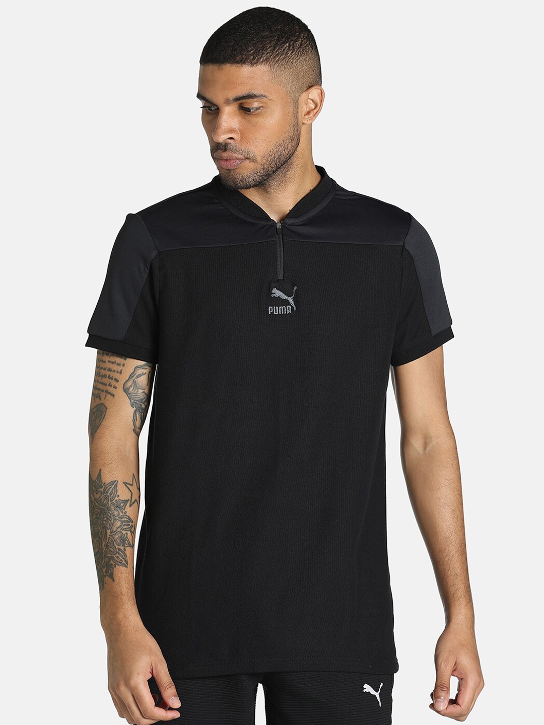 

Puma Men Black Overlay Polo Brand Logo Mandarin Collar Slim Fit T-shirt