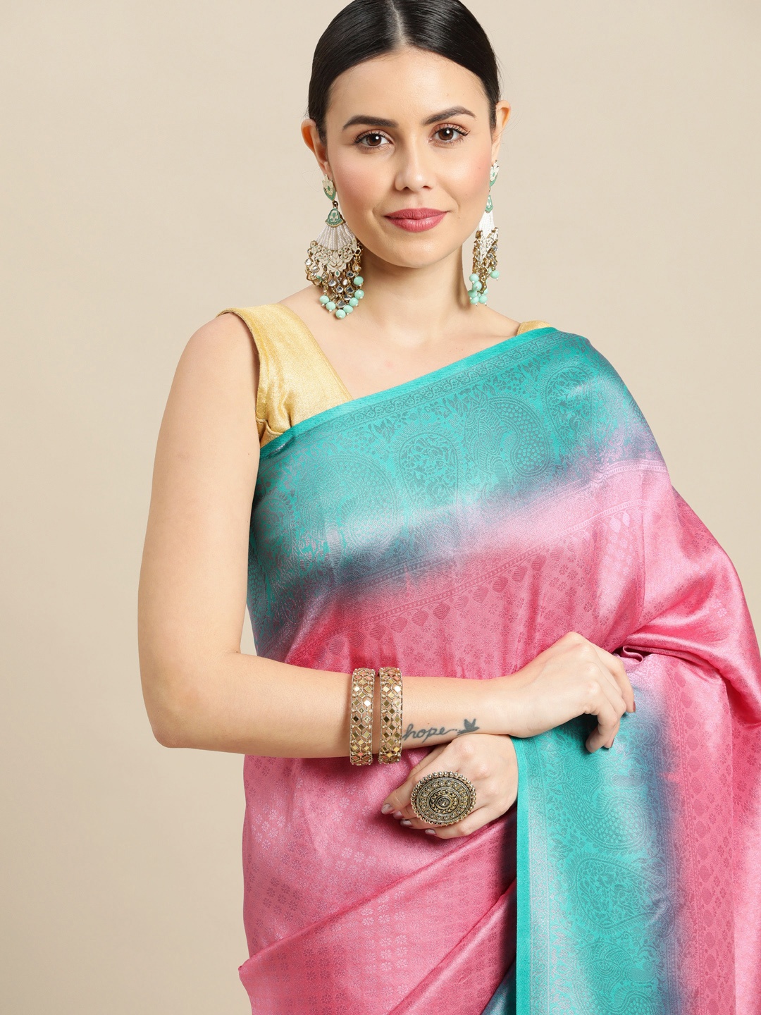 

Pothys Green & Pink Ethnic Motifs Art Silk Banarasi Saree