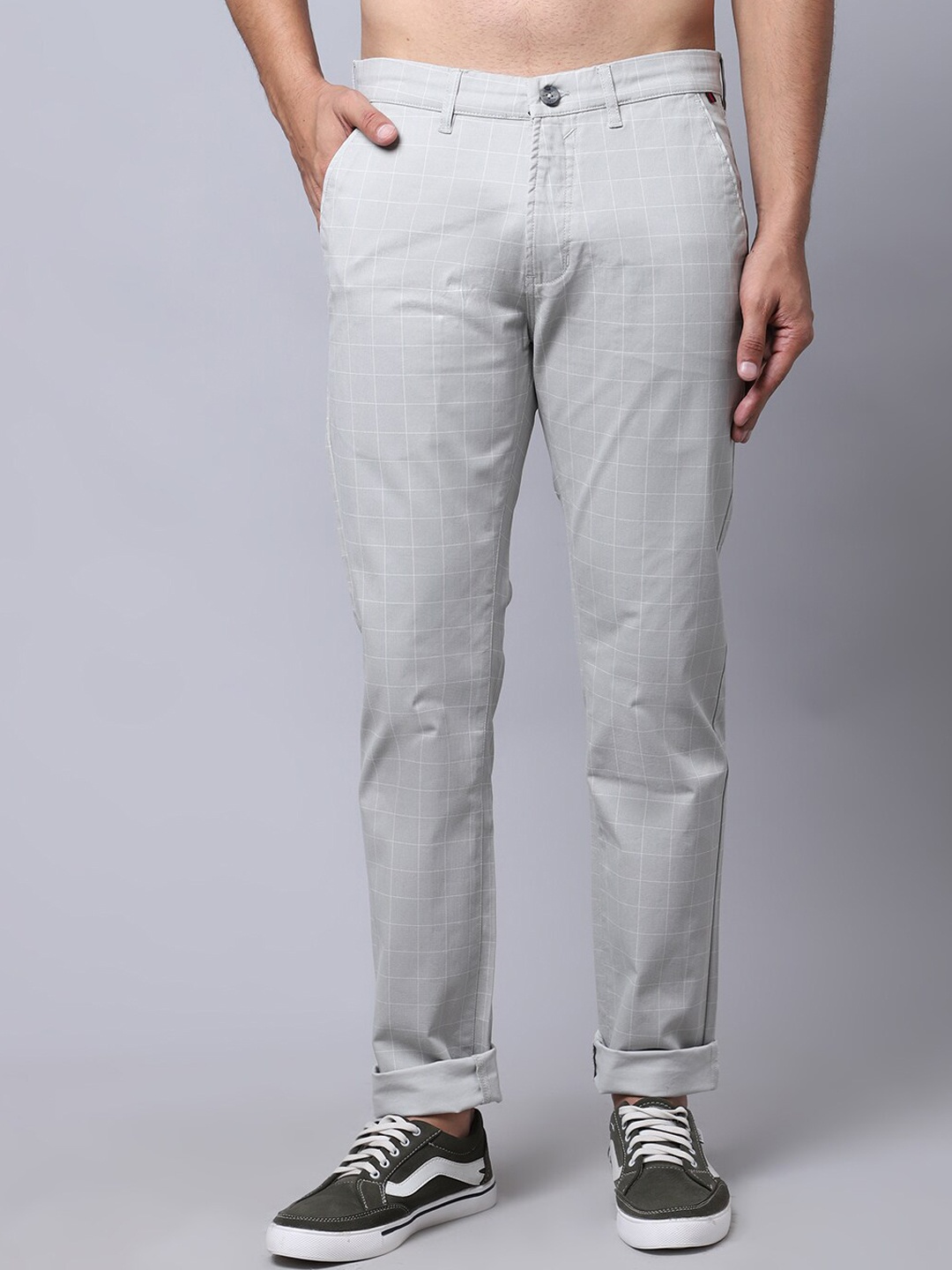 

Cantabil Men Grey Checked Chinos Trousers