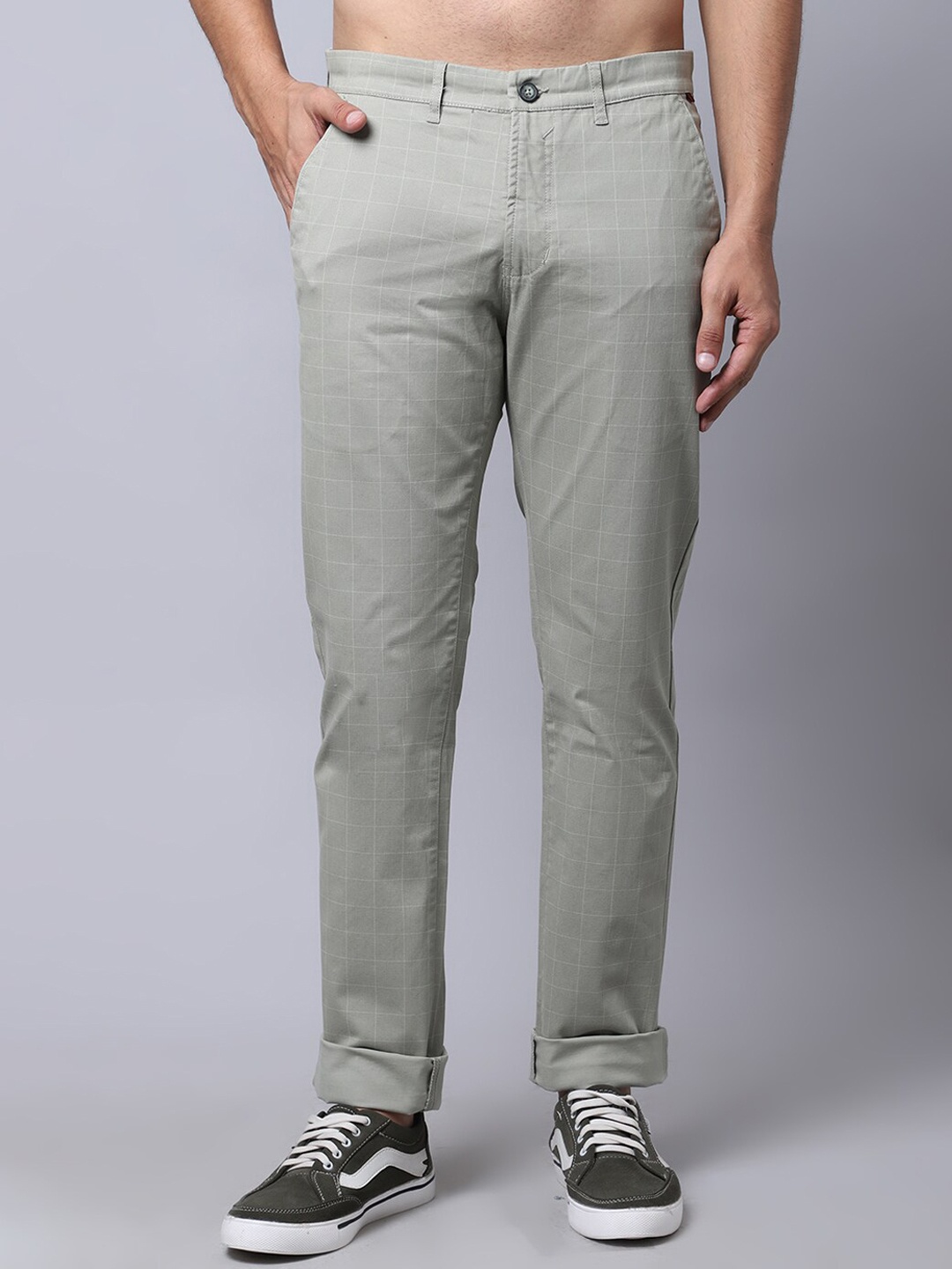 

Cantabil Men Green Checked Chinos Trousers