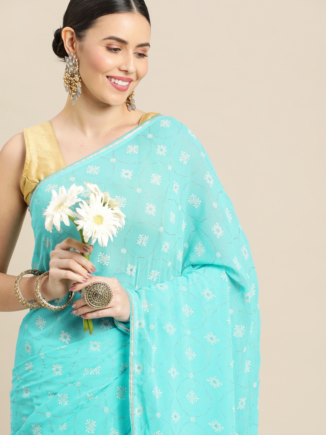 

Pothys Blue Ethnic Motifs Pure Chiffon Saree