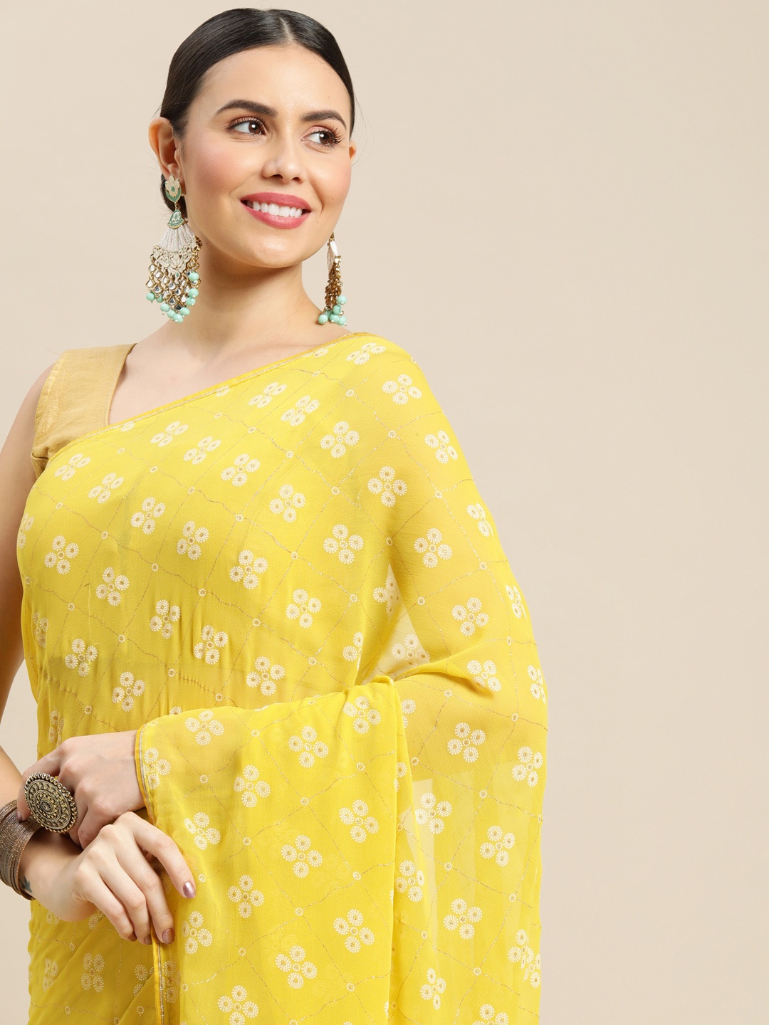 

Pothys Yellow & White Ethnic Motifs Pure Chiffon Saree