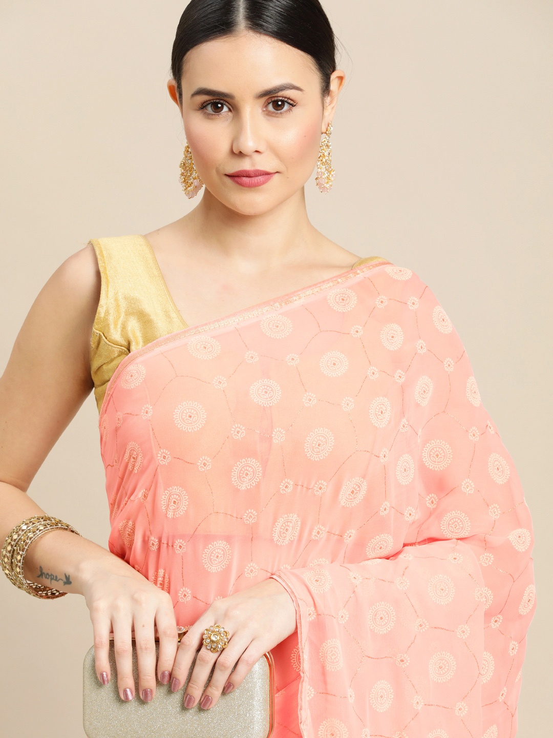 

Pothys Pink Ethnic Motifs Pure Chiffon Saree