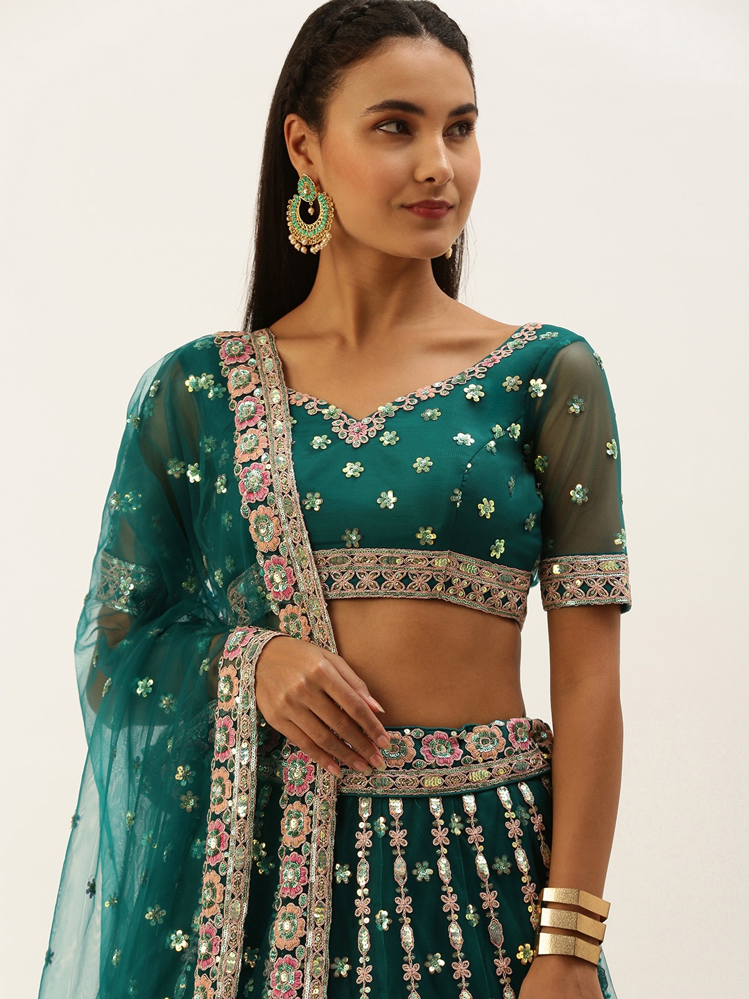 

panchhi Green Embellished Sequinned Semi-Stitched Lehenga & Unstitched Blouse With Dupatta