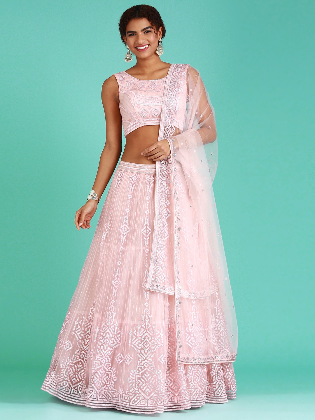 

panchhi Peach-Coloured Embellished Sequinned Semi-Stitched Lehenga & Unstitched Blouse With Dupatta