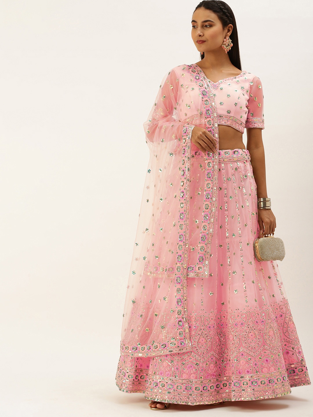 

panchhi Peach-Coloured Embellished Sequinned Semi-Stitched Lehenga & Unstitched Blouse With Dupatta