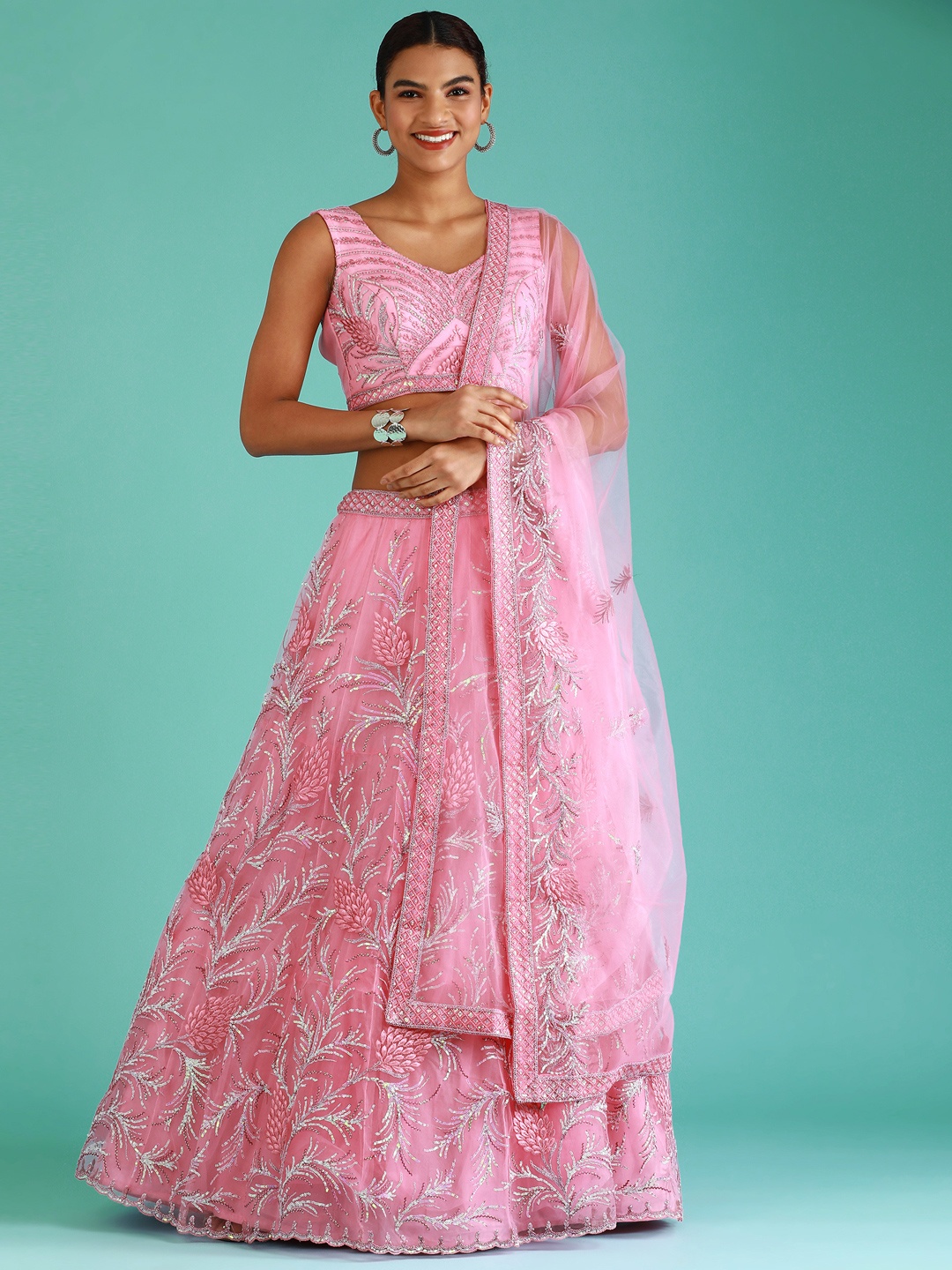 

panchhi Pink Embellished Sequinned Semi-Stitched Lehenga & Unstitched Blouse With Dupatta
