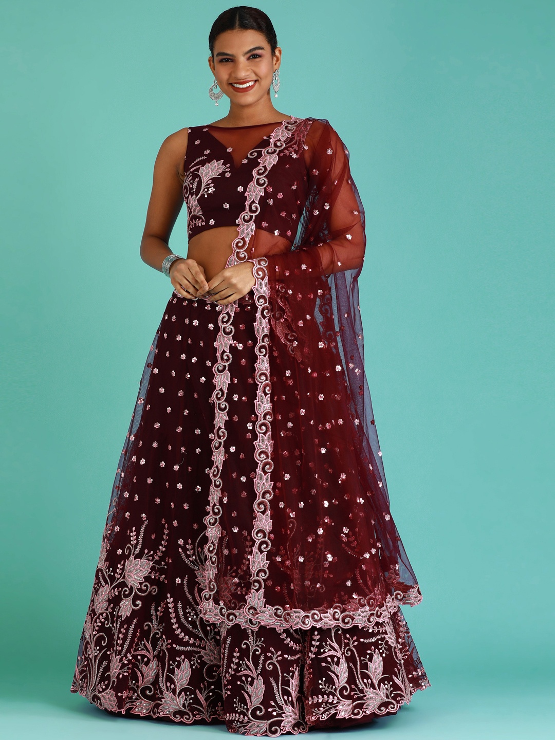

panchhi Burgundy Embellished Sequinned Semi-Stitched Lehenga Choli With Dupatta