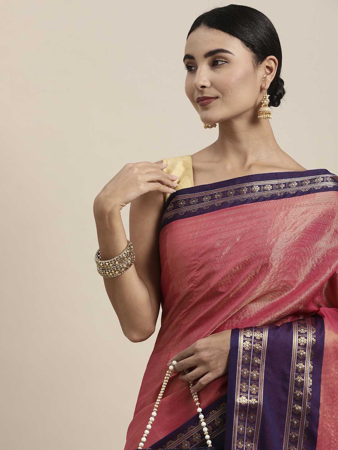 

Mitera Pink & Burgundy Woven Design Zari Silk Cotton Saree