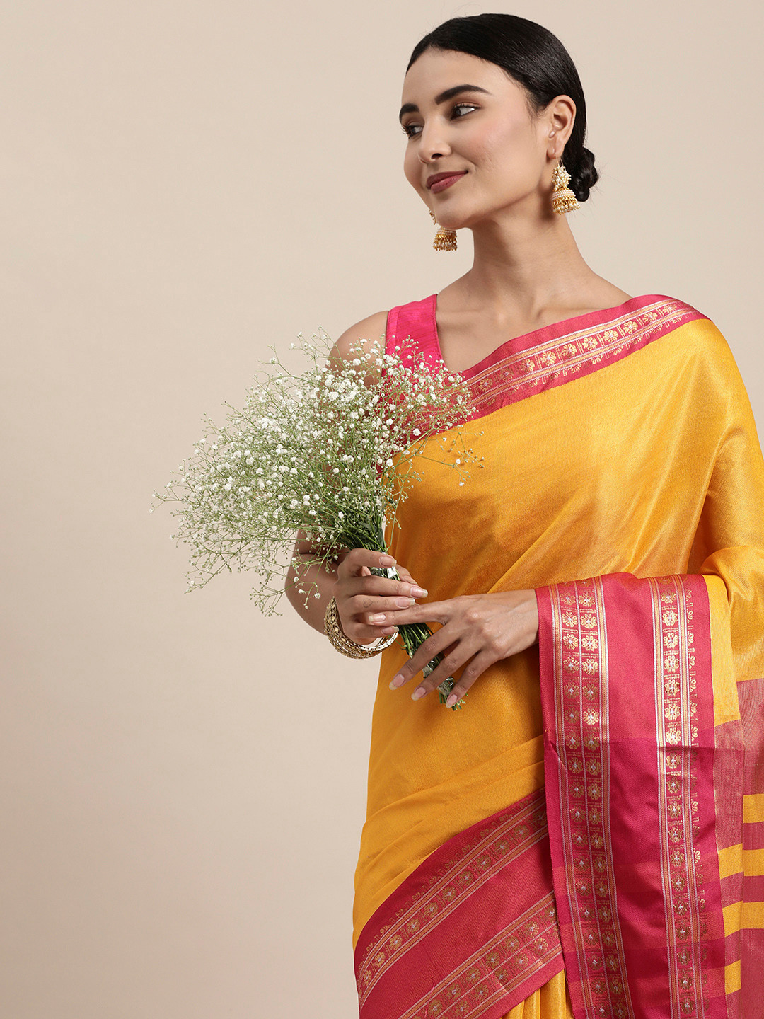 

Mitera Mustard & Pink Woven Design Zari Silk Cotton Saree
