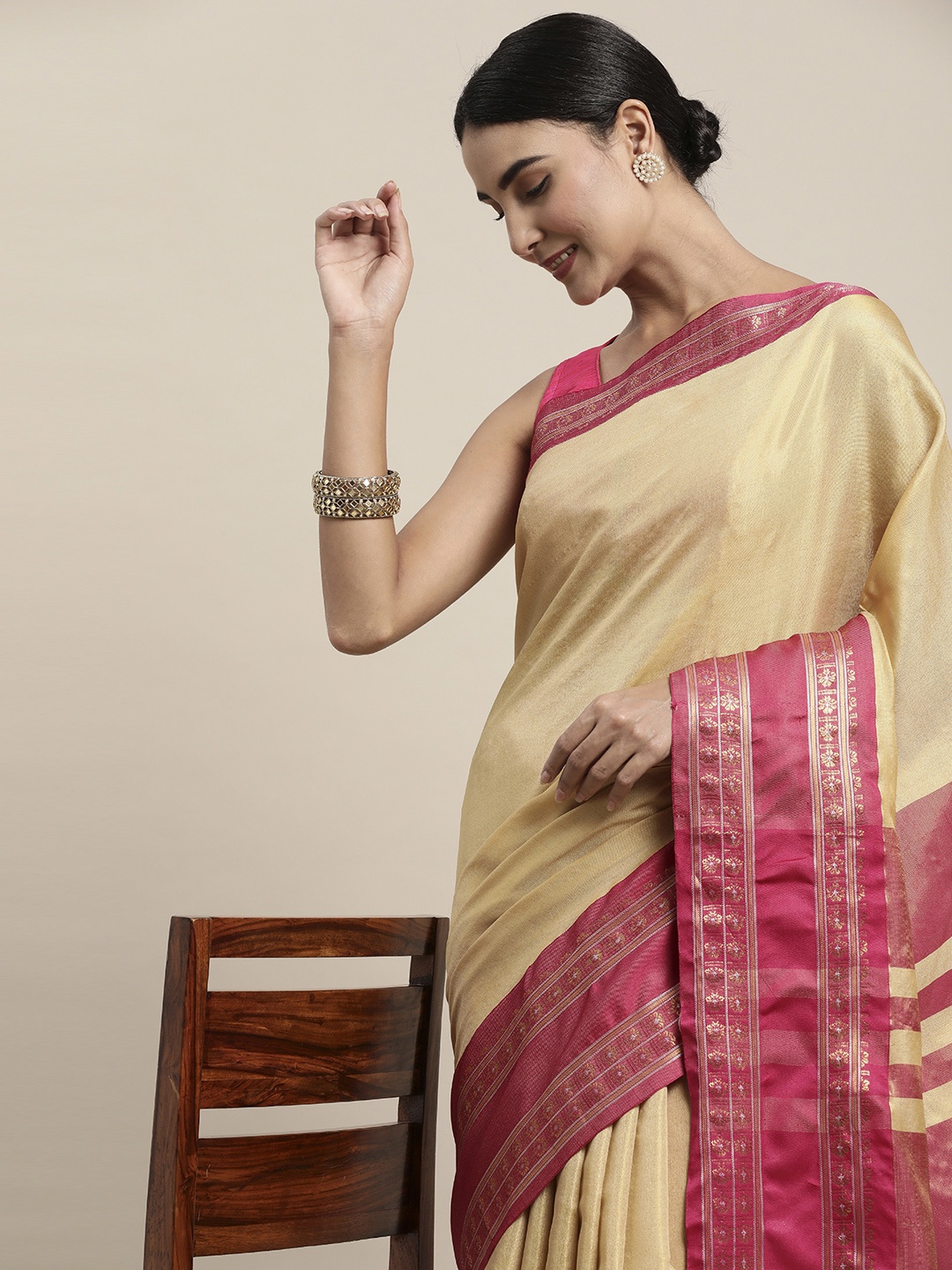 

Mitera Yellow & Pink Zari Silk Cotton Saree