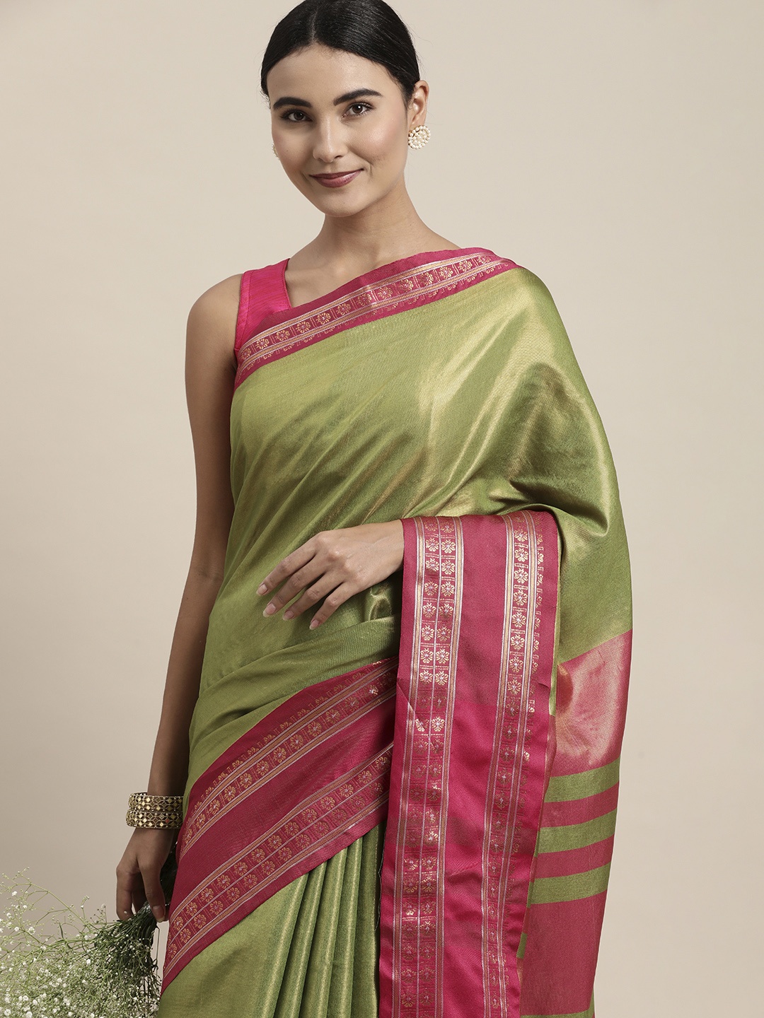 

Mitera Green & Pink Zari Silk Cotton Saree