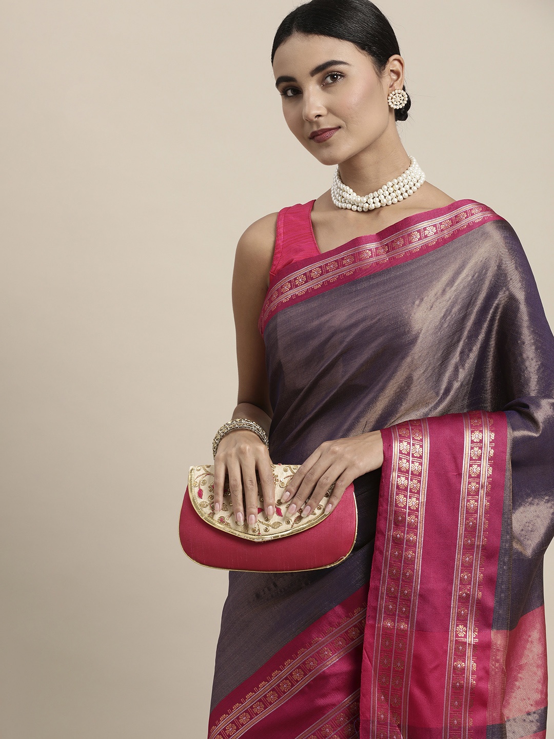 

Mitera Navy Blue & Red Zari Silk Cotton Saree