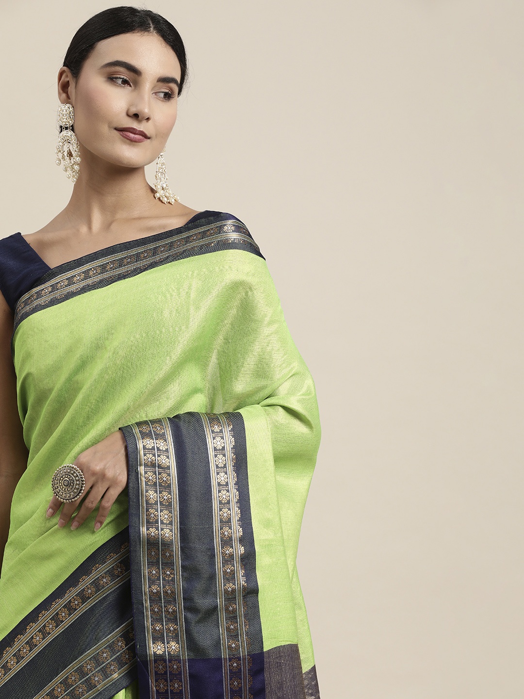 

Mitera Green & Navy Blue Zari Silk Cotton Saree