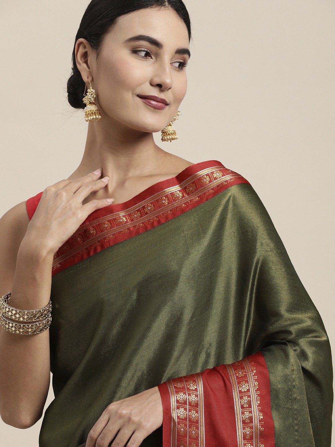 

Mitera Olive Green & Red Zari Silk Cotton Saree