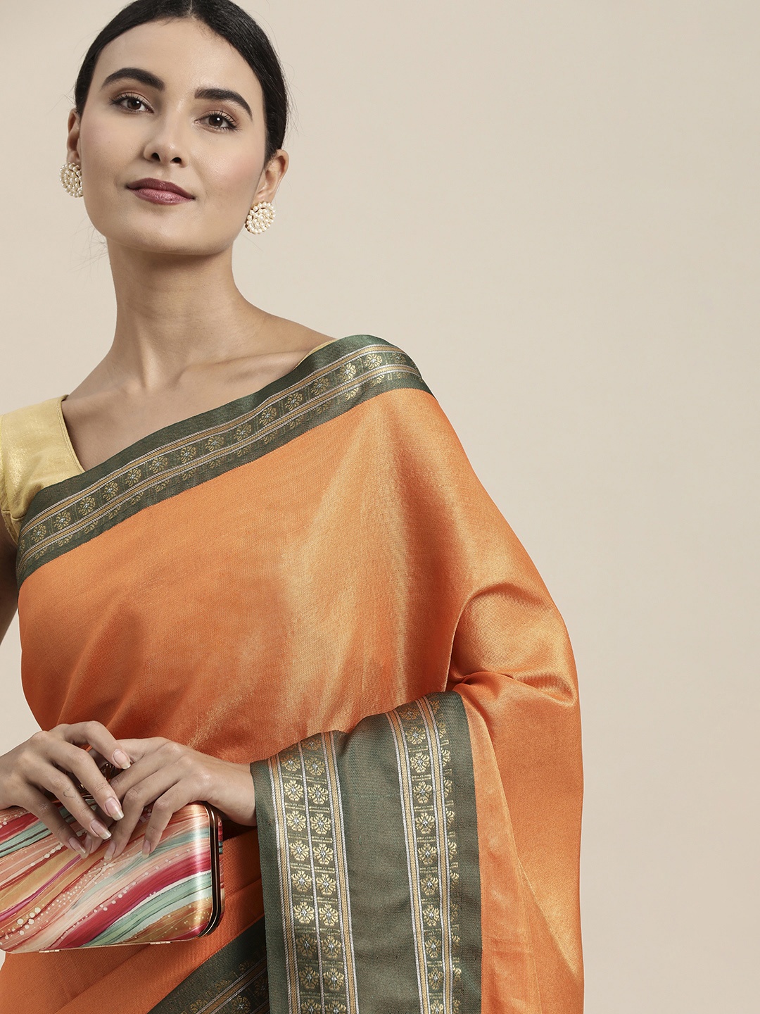 

Mitera Orange & Olive Green Zari Silk Cotton Saree