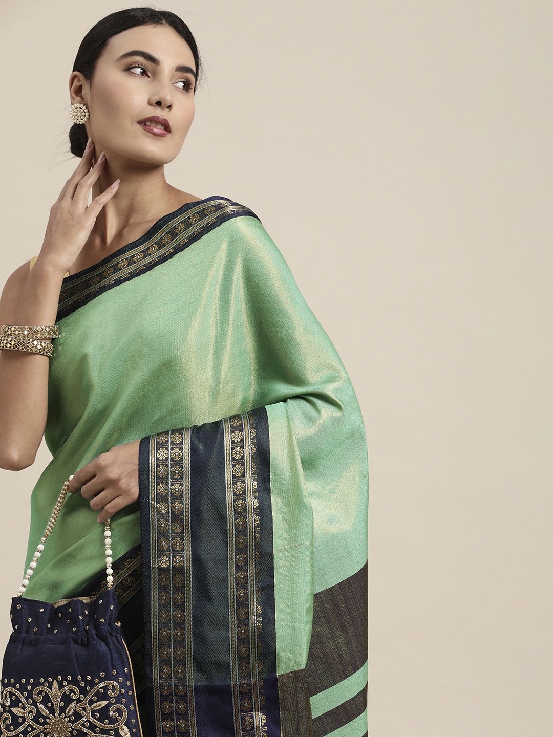 

Mitera Green & Navy Blue Zari Silk Cotton Saree