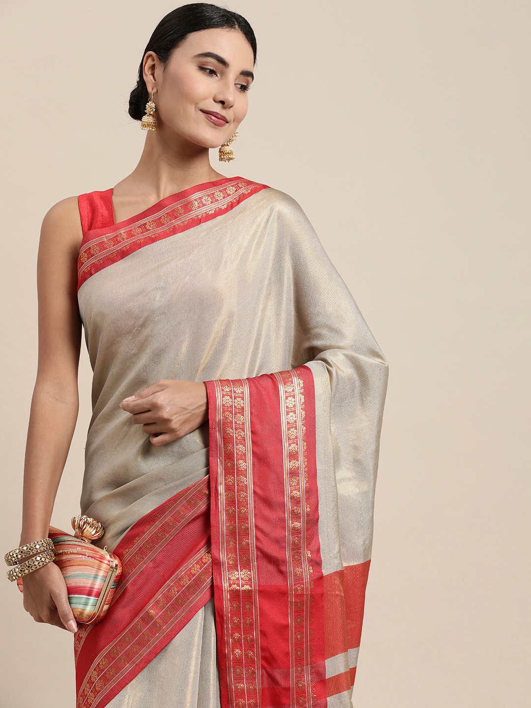 

Mitera Grey & Red Woven Design Zari Silk Cotton Saree