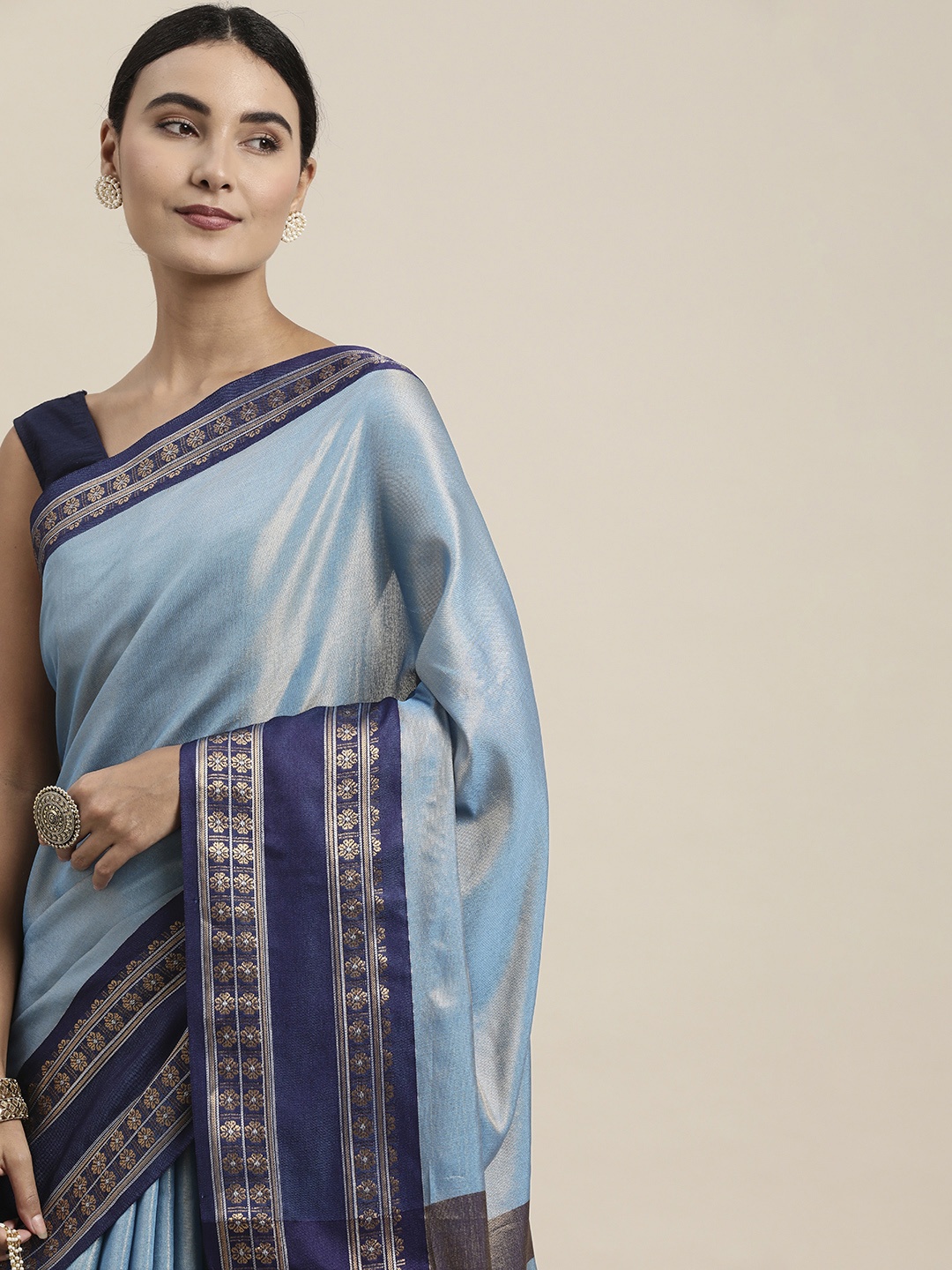 

Mitera Blue & Gold-Toned Zari Silk Cotton Saree
